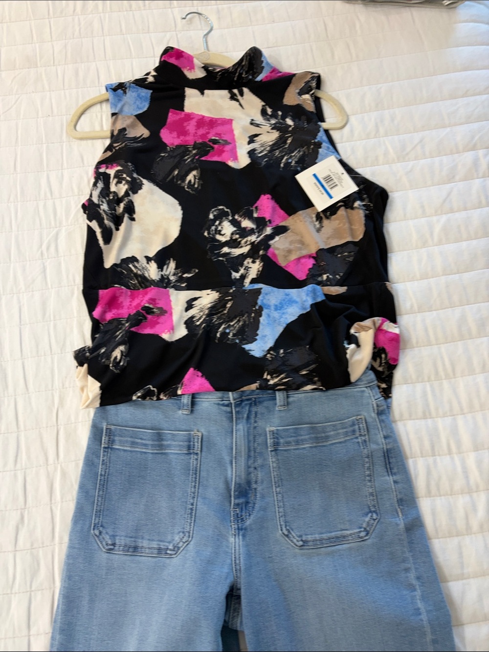 Ellen Tracy Black Mock Neck Tank with Pink, Blue & Tan Abstract Print